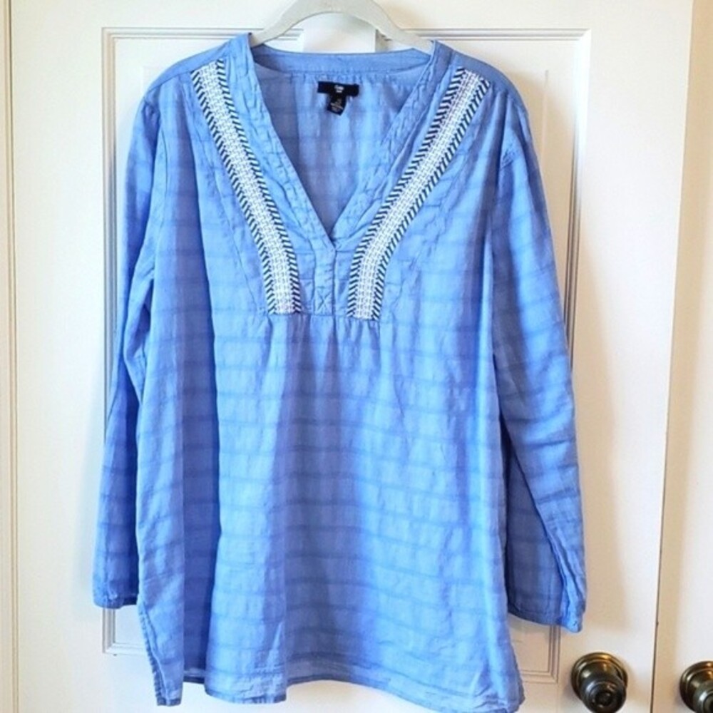 GAP LIGHT COTTON TUNIC TOP BLUE LARGE BOJO AIRY GAUZY BEACHY PREPPY COASTAL